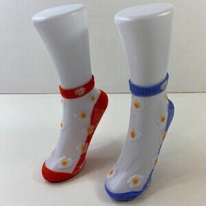 Womens Sheer Mesh Daisy Print Ankle Socks 2 Pack Red Blue White